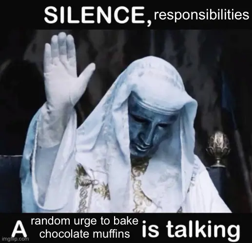 "Silence X, a Y Is Talking" Meme template captioned "Silence, [responsibilities]. A [random urge to bake chocolate muffins] is talking".
In the middle is the King Baldwin IV Hand Raise image.