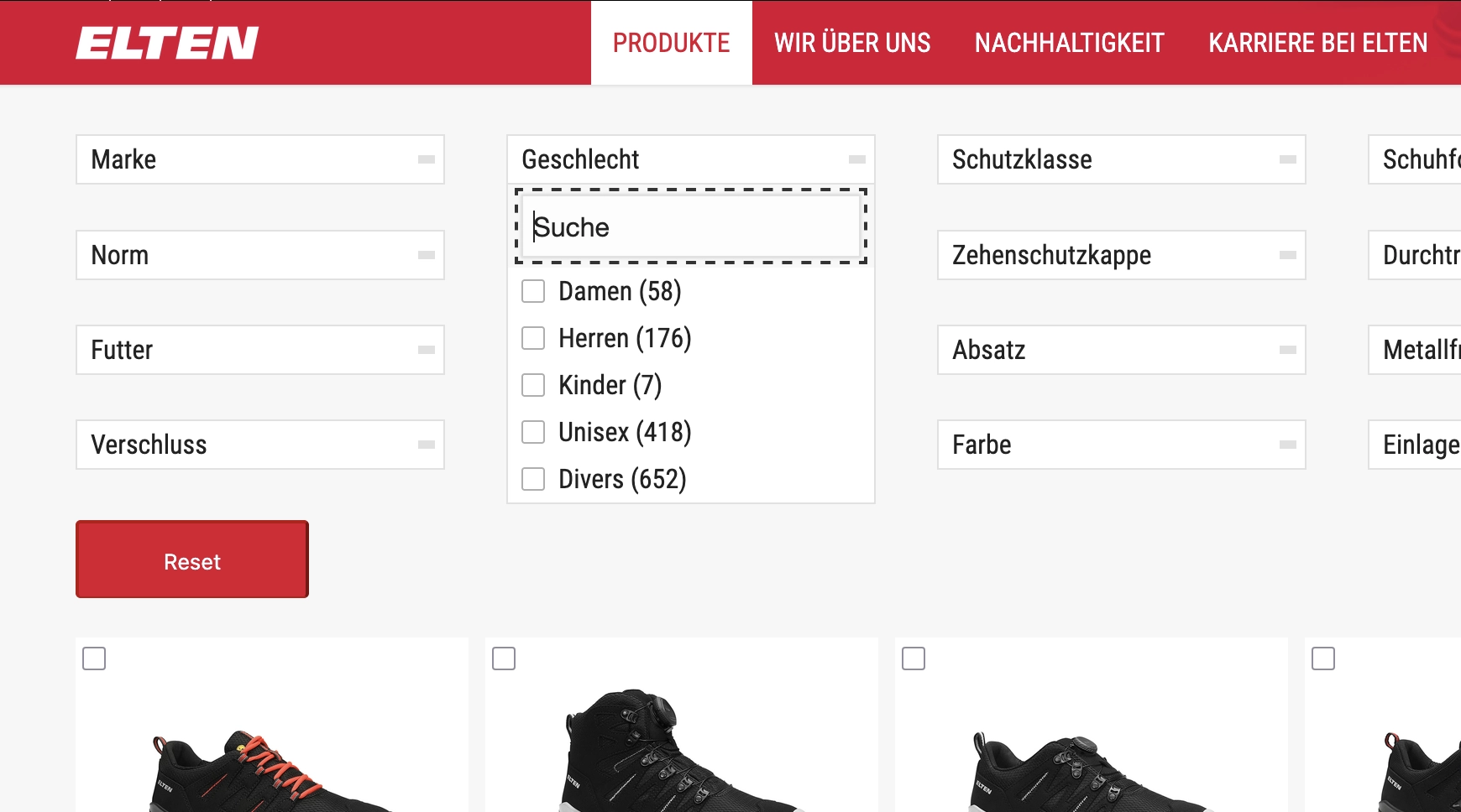 screenshot from Elten (PPE/safety shoe brand) online shop, with various filters for the product listings. the gender filter is open and the options are (in German, with number of products): "Ladies (58)", "Men (176)", "Children (7)", "Unisex (418)", and "Divers (652)". The latter being the third gender marker option in Germany. screenshot from Elten (PPE/safety shoe brand) online shop, with various filters for the product listings. the gender filter is open and the options are (in German, with number of products): "Ladies (58)", "Men (176)", "Children (7)", "Unisex (418)", and "Divers (652)". The latter being the third gender marker option in Germany.