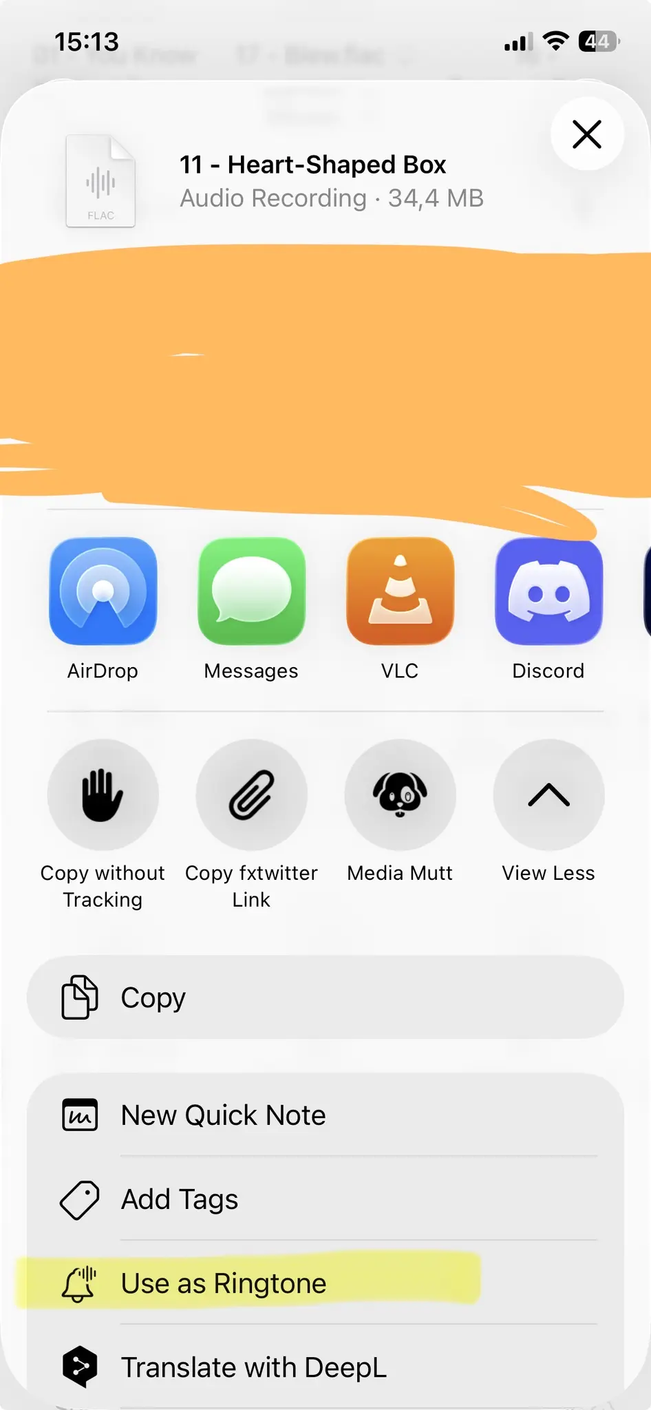 Screenshot of an iOS share screen of a File "11 - Heart Shaped Box; Audio Recording" with an option for "Use as Ringtone"