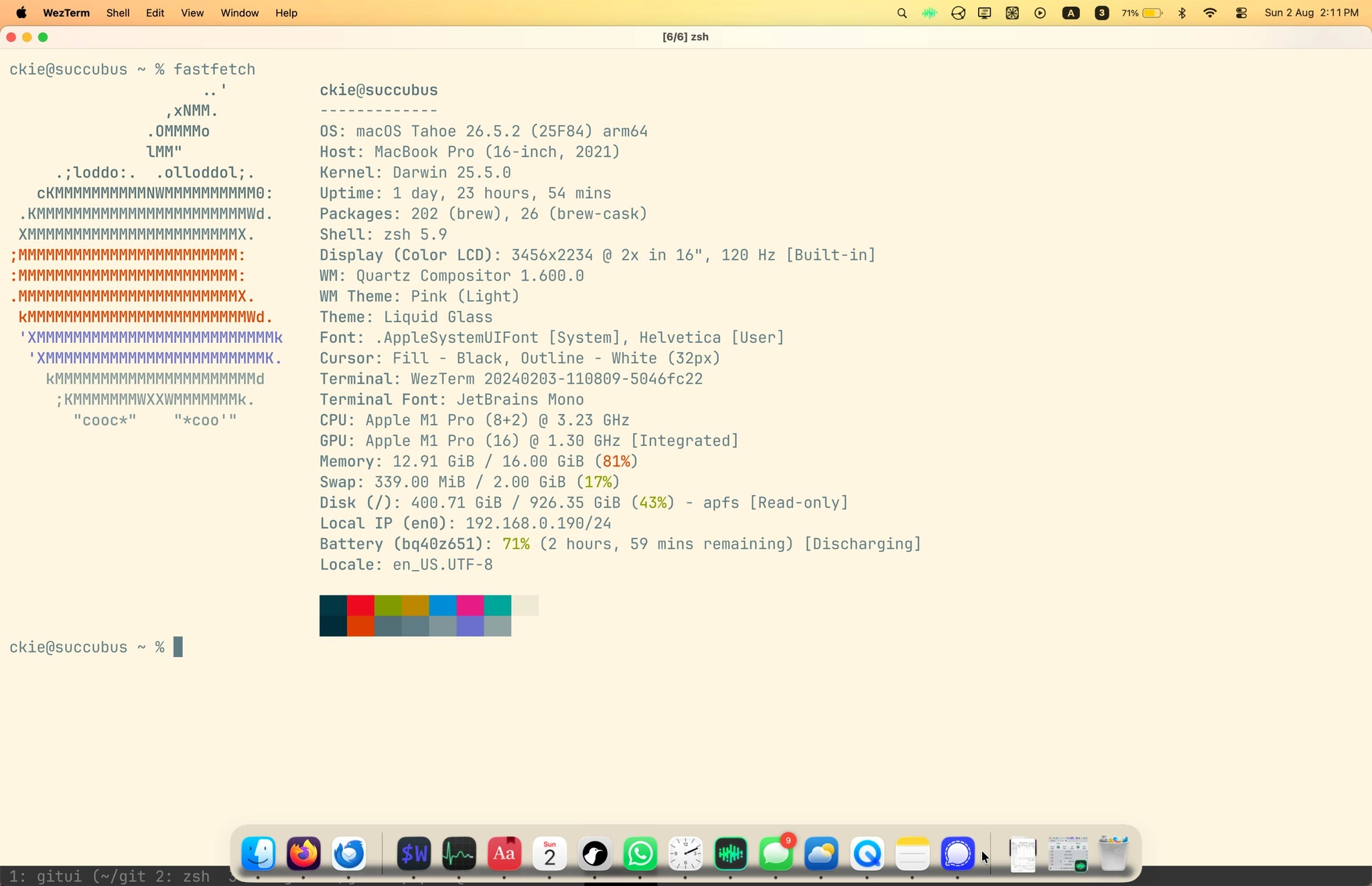 fastfetch on a 16" M1 Pro , running macOS. it's pretty boring fastfetch on a 16" M1 Pro , running macOS. it's pretty boring