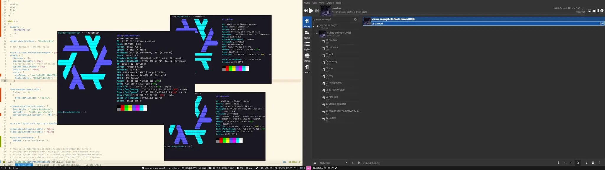screenshot of cookiemonster. emacs in the background on the left screen, along with fastfetches for 3 machines over ssh. and cantata my favorite mpd client on the right taking up the entire second screen. screenshot of cookiemonster. emacs in the background on the left screen, along with fastfetches for 3 machines over ssh. and cantata my favorite mpd client on the right taking up the entire second screen.