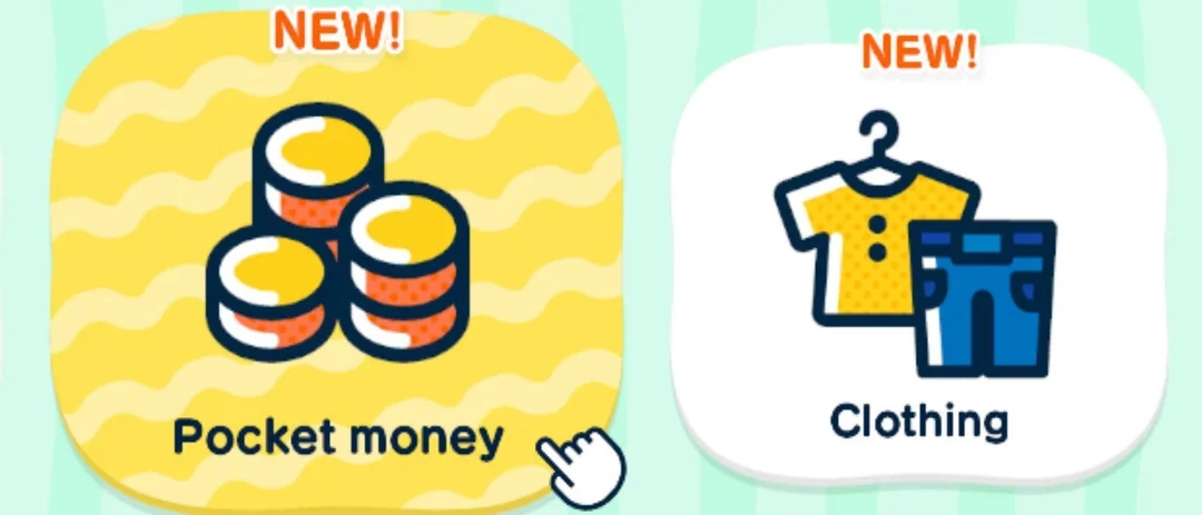 Illustration of two "NEW!" spending categories in Tomodachi Life: Living the dream: a yellow "Pocket money" tile with three coin stacks, which is currently hovered over by the mouse cursor, and a white "Clothing" tile with a yellow shirt and blue jeans.