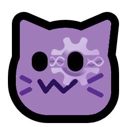 a purple neocat, with the polyproto logo surrounding its right eye. the polyproto logo is a cog split into two equal parts horizontally, with waves running through the gap.