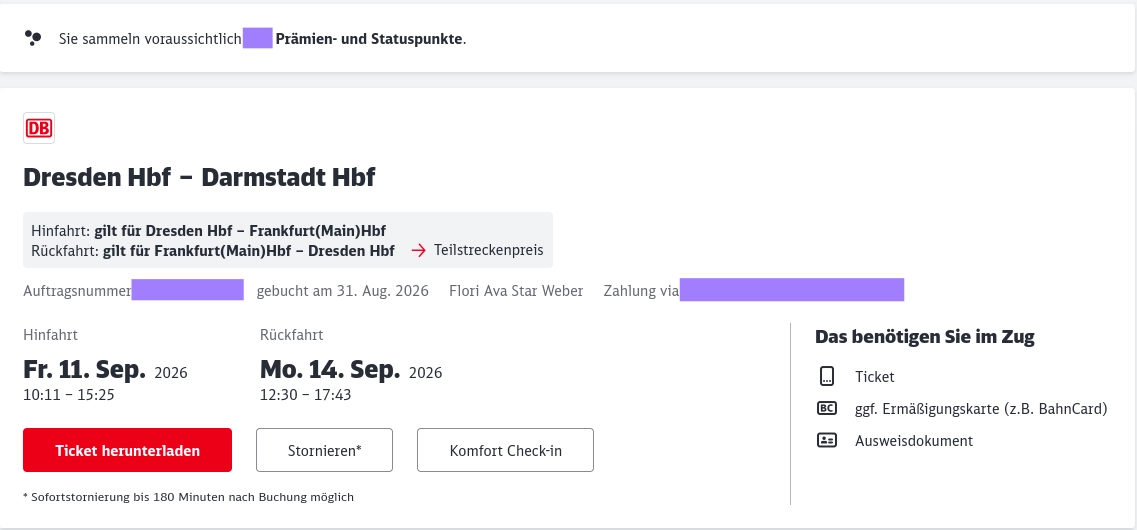 Screenshot of a Deutsche Bahn booking page for "Dresden Hbf – Darmstadt Hbf." The outbound journey is Friday, 11 September 2026, 10:11–15:25; the return journey is Monday, 14 September 2026, 12:30–17:43. A red DB logo and "Ticket herunterladen" button appear on a white page, with purple squares obscuring sensitive details