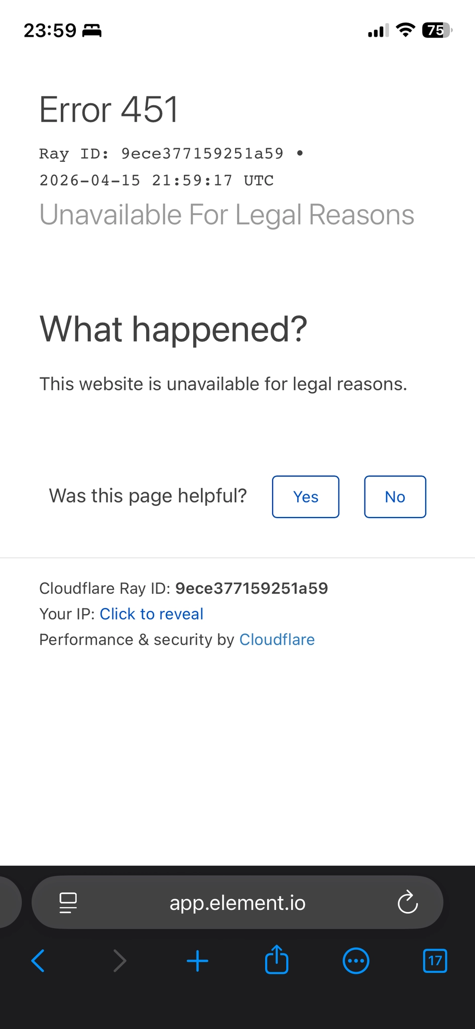 Screenshot of iOS browser app on app.element.io. The page is a cloudflare error 451 "Unavailable for legal reasons". A description reads "What happened? This website is unavailable due to legal reasons."