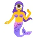 the altmaid logo is the google noto emoji gender neutral mermaid icon with yellow skin color. instead of two eyes, they have one comically large cyclops eye. a gradient runs from their long, wavy hair over the two seashells covering their breast over to their mermaid tail, colored in the polyphony logo's colors.