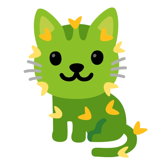 Transparent digital artwork of a Google Noto Emoji Cat. It is green, its whiskers have been replaced with pointy spikes, and it has yellow blossoms on it, just like a cactus would have.