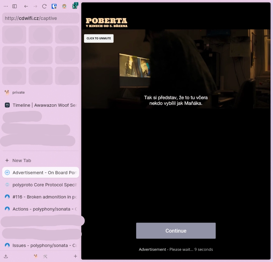 Zen browser web browser application showing the cdwifi.cz captive portal for onboard train wifi. there is an ad blocking the screen, which one can skip after watching for 30s.