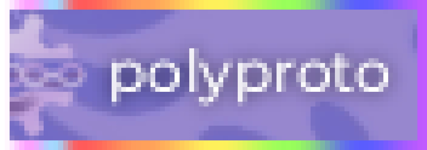 pixelated 88x31 button with white text "polyproto". one half of the polyproto logo is peeking out on the very left of the button. background is a pattern of two different tones of purple. a trans- and rainbow colored border surrounds the button.