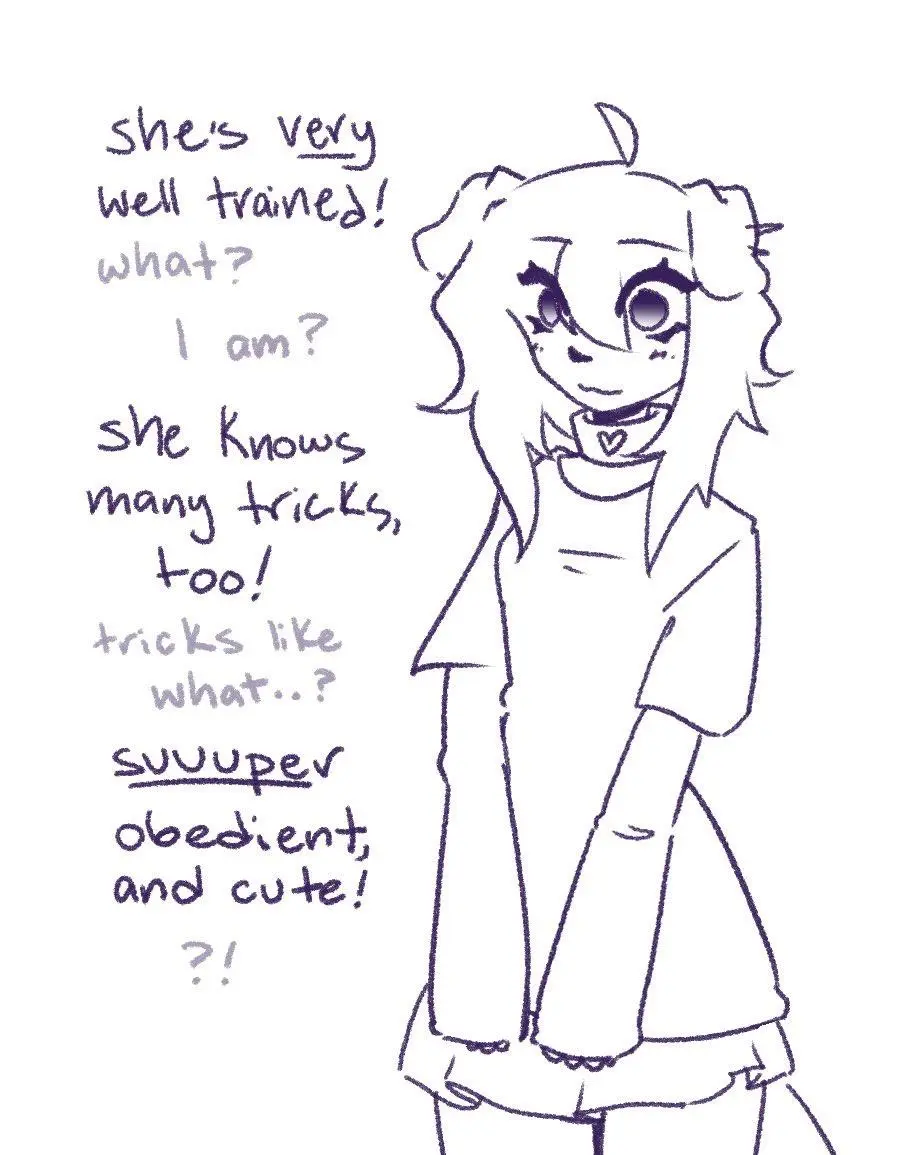 Purple-black line sketch on white of a smiling girl with wavy shoulder-length hair, a single curl on top of her head, and floppy dog ears. She wears a heart-shaped symbol on a collar and a short sleeved top. Handwritten speech text runs down the left side in dark purple and light gray: "she's very well trained!" with "very" underlined, "what?", "I am?", "she knows many tricks, too!", "tricks like what..?", and "suuuper obedient, and cute!" with "suuuper" underlined, followed by "?!".