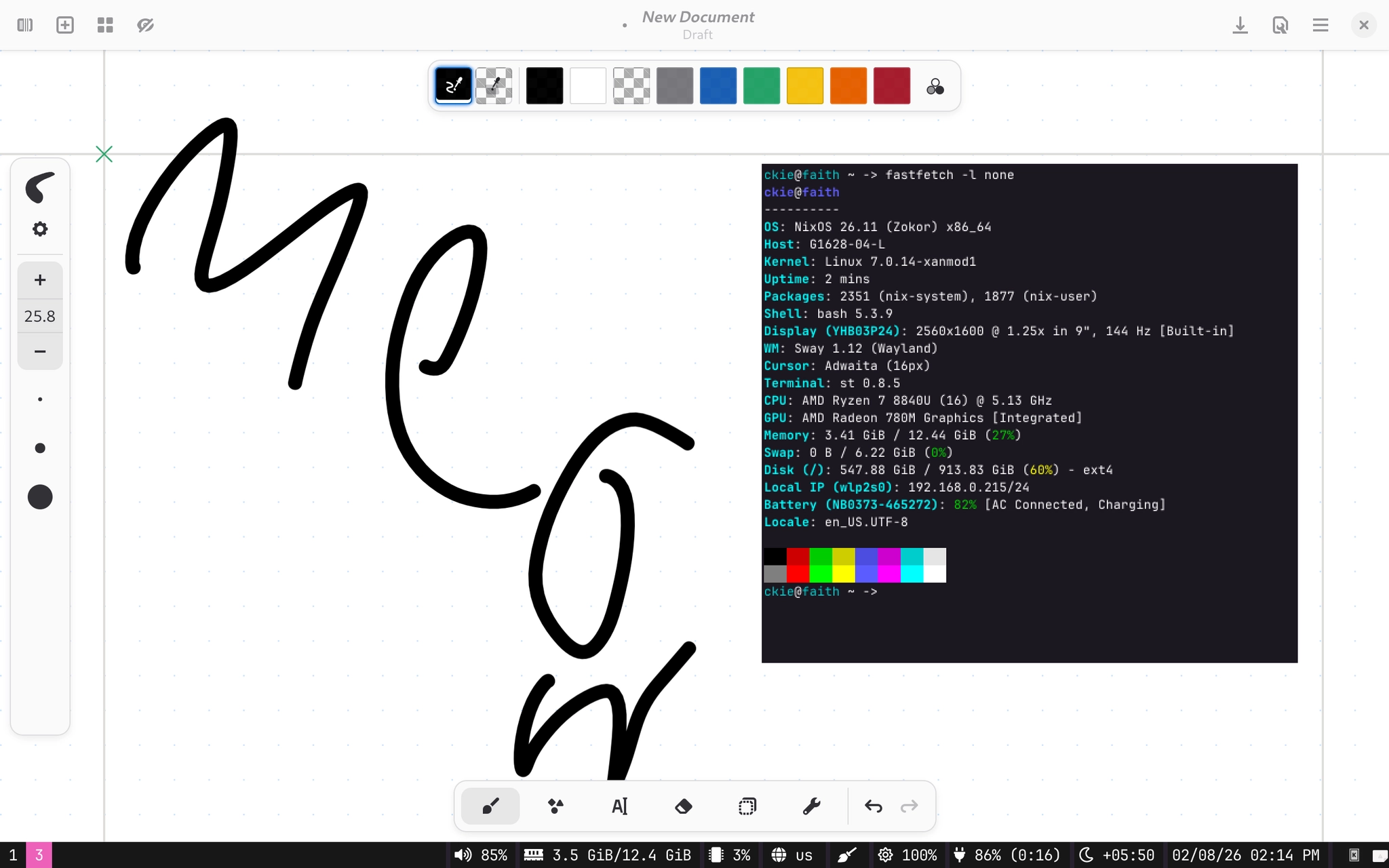 screenshot of fastfetch on faith, a GPD Pocket 4. there's a drawing in RNote in the background saying a stylized "meow". it's my favorite strangest machine screenshot of fastfetch on faith, a GPD Pocket 4. there's a drawing in RNote in the background saying a stylized "meow". it's my favorite strangest machine