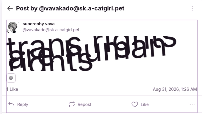 Screenshot of the original post displayed in the Nicolium frontend. The post text is very large and overlaps itself. It reads "trans rights are human rights", but is barely legible due to being so overlapped on itself.